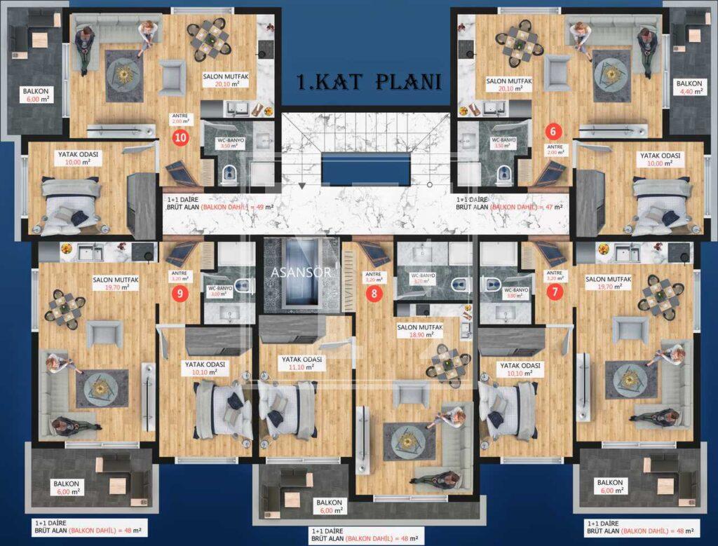 Elegante Wohnung 1+1 in einer schönen Gegend in Alanya