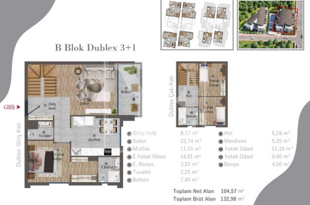 سقف دوبلکس زیبا 3+1 در منطقه لوکس در موراتپاشا