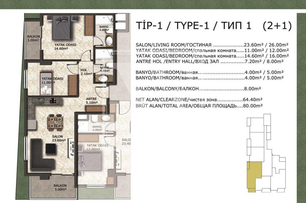 Wohnung zum Verkauf in Alanya, Mahmutlar, zwei Schlafzimmer, tolle Lage