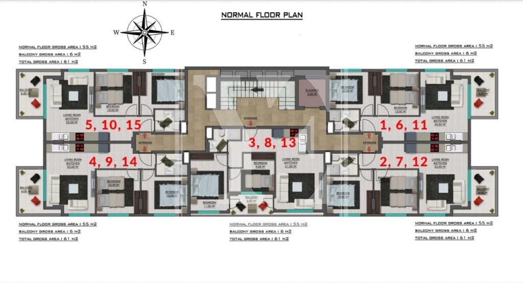 New beautiful apartment 2+1 for investment in the nice area of Alanya center