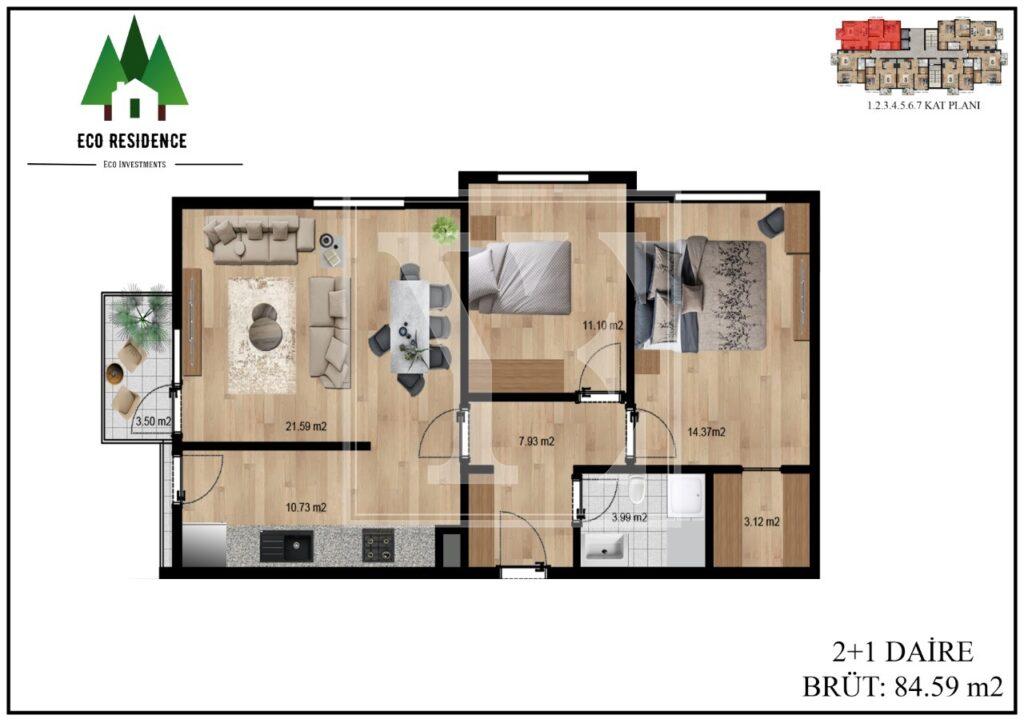 Schöne Wohnung 2+1 in der Gegend von Avsallar zur Investition